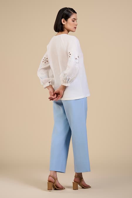 Origani White Linen Embroidery Dove Sleeve Blouse Online at Aza Fashions Origani_White Linen Embroidery Dove Sleeve Blouse _Online_at_Aza_Fashions