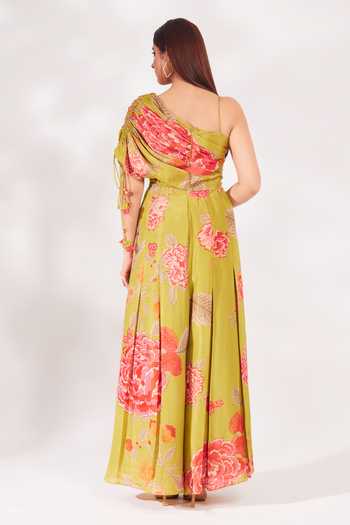 Chaashni By Maansi And Ketan Green Georgette Sequins, Mirrors, Beads, Cut Floral Print Jumpsuit With Bag Online at Aza Fashions Chaashni By Maansi And Ketan_Green Georgette Sequins, Mirrors, Beads, Cut Floral Print Jumpsuit With Bag _Online_at_Aza_Fashions