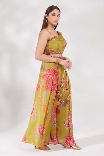 Shop Chaashni By Maansi And Ketan Green Georgette Sequins, Mirrors, Beads, Cut Floral Print Jumpsuit With Bag Online at Aza Fashions Shop_Chaashni By Maansi And Ketan_Green Georgette Sequins, Mirrors, Beads, Cut Floral Print Jumpsuit With Bag _Online_at_Aza_Fashions