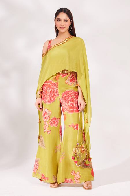 Buy_Chaashni By Maansi And Ketan_Green Chiffon, Georgette Cut Work, Sequins, Border Cape Bell Bottom Pant Set _Online_at_Aza_Fashions