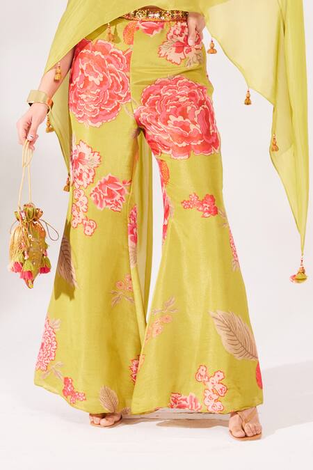 Shop_Chaashni By Maansi And Ketan_Green Chiffon, Georgette Cut Work, Sequins, Border Cape Bell Bottom Pant Set _Online_at_Aza_Fashions