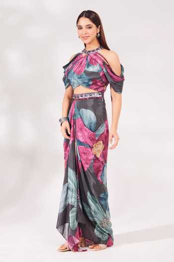 Shop_Chaashni By Maansi And Ketan_Multi Color Crepe Cut Work, Sequins, Beads High Printed Top And Draped Skirt Set _Online_at_Aza_Fashions