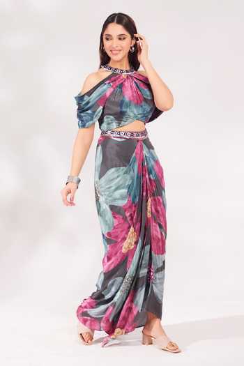 Chaashni By Maansi And Ketan_Multi Color Crepe Cut Work, Sequins, Beads High Printed Top And Draped Skirt Set _at_Aza_Fashions