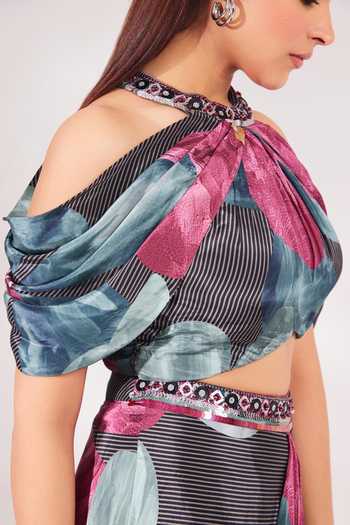 Buy_Chaashni By Maansi And Ketan_Multi Color Crepe Cut Work, Sequins, Beads High Printed Top And Draped Skirt Set 