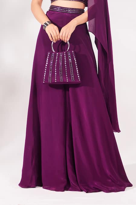 Buy_Chaashni By Maansi And Ketan_Purple Crepe Cut Work, Embroidery, Sequins Floral Embellished Top And Palazzo Set _Online_at_Aza_Fashions