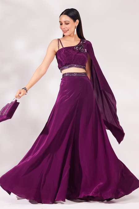 Shop_Chaashni By Maansi And Ketan_Purple Crepe Cut Work, Embroidery, Sequins Floral Embellished Top And Palazzo Set _Online_at_Aza_Fashions