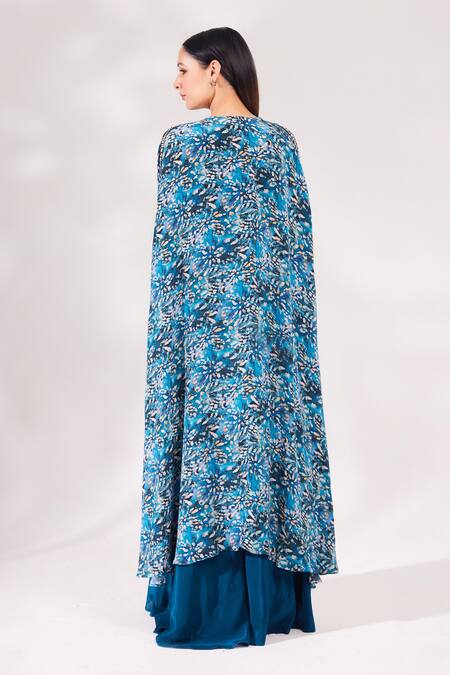 Chaashni by Maansi and Ketan Blue Crepe Printed Floral Cape Open Shrug Palazzo Set  3