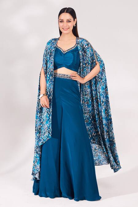 Chaashni by Maansi and Ketan Blue Crepe Printed Floral Cape Open Shrug Palazzo Set  4