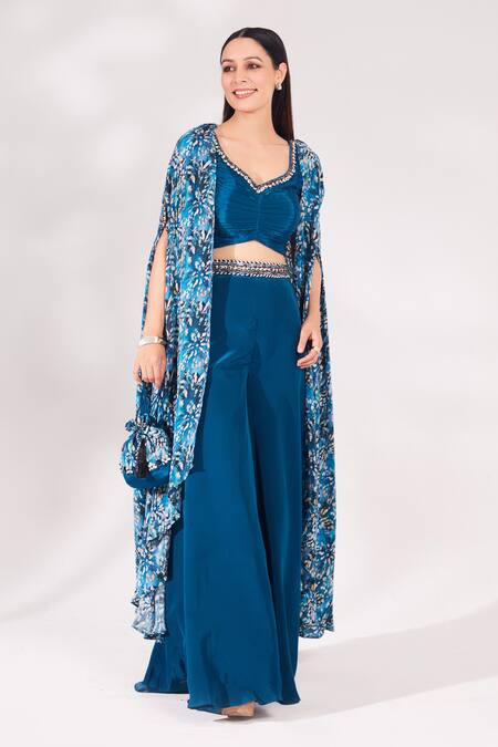 Chaashni by Maansi and Ketan Blue Crepe Printed Floral Cape Open Shrug Palazzo Set  5