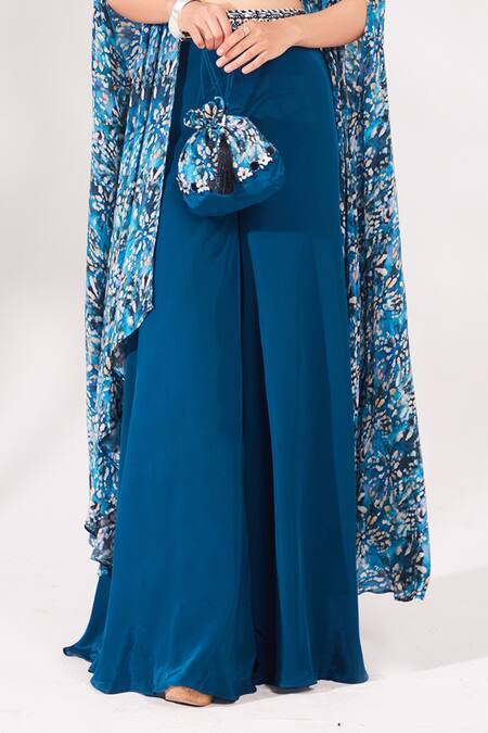 Chaashni by Maansi and Ketan Blue Crepe Printed Floral Cape Open Shrug Palazzo Set  6