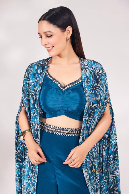 Chaashni by Maansi and Ketan Blue Crepe Printed Floral Cape Open Shrug Palazzo Set  7