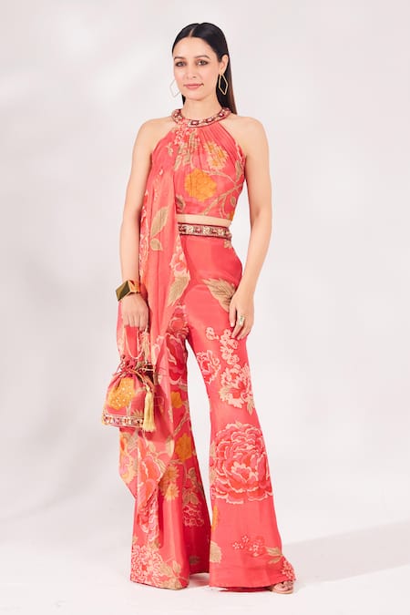 Chaashni by Maansi and Ketan Pink Shimmer Georgette Printed Floral Halter Pleated Top And Bell Bottom Pant Set