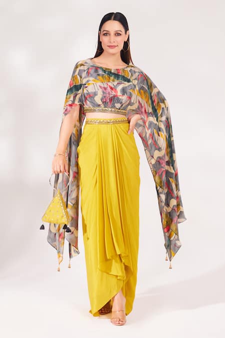 Chaashni by Maansi and Ketan Yellow Crepe Printed Leaf Round Neck Top And Draped Skirt Set
