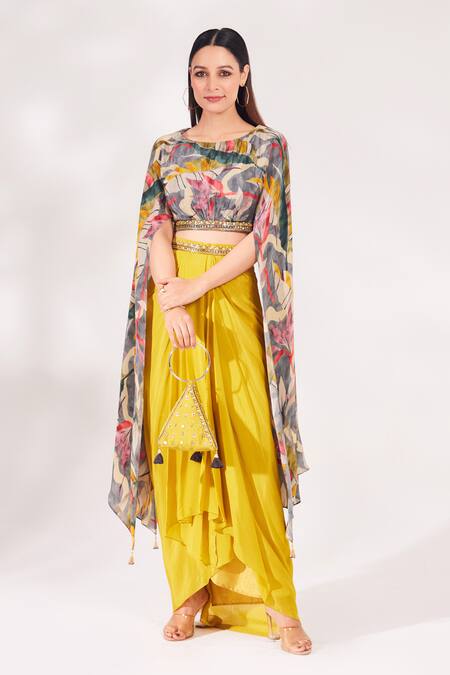 Chaashni By Maansi And Ketan_Yellow Crepe, Chiffon Cut Work, Beads, Sequins Leaf Print Top And Draped Skirt Set_Online_at_Aza_Fashions