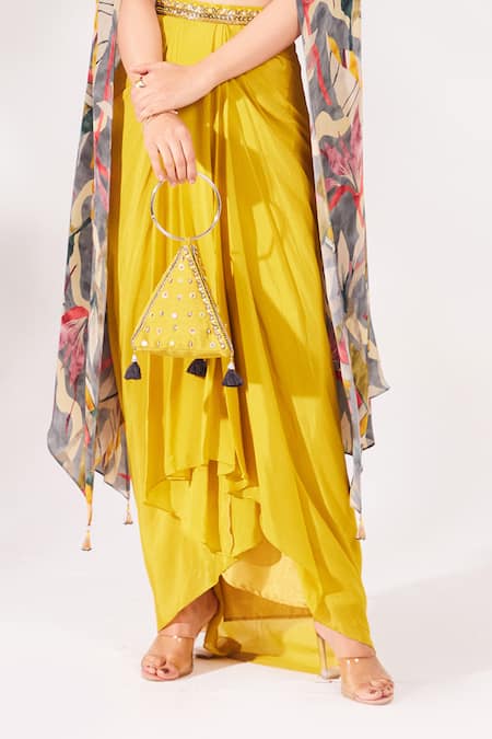 Buy_Chaashni By Maansi And Ketan_Yellow Crepe, Chiffon Cut Work, Beads, Sequins Leaf Print Top And Draped Skirt Set_Online_at_Aza_Fashions