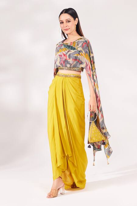 Shop_Chaashni By Maansi And Ketan_Yellow Crepe, Chiffon Cut Work, Beads, Sequins Leaf Print Top And Draped Skirt Set_Online_at_Aza_Fashions