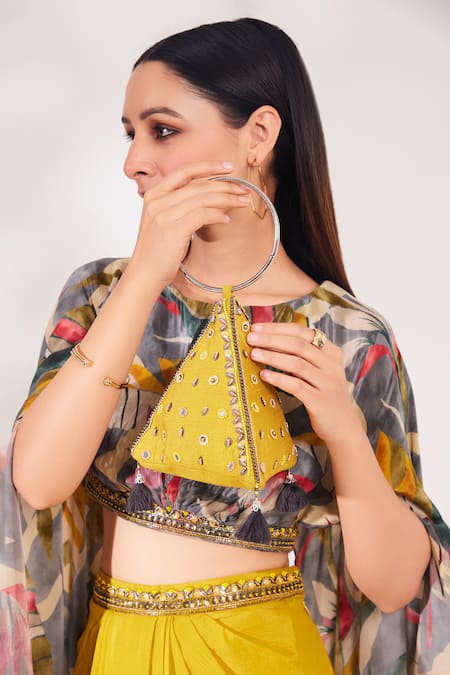 Buy_Chaashni By Maansi And Ketan_Yellow Crepe, Chiffon Cut Work, Beads, Sequins Leaf Print Top And Draped Skirt Set