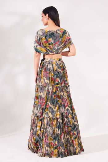 Chaashni By Maansi And Ketan_Grey Crepe Sequins, Beads, Cut Work Round Neck Printed Top And Ruched Skirt Set _Online_at_Aza_Fashions