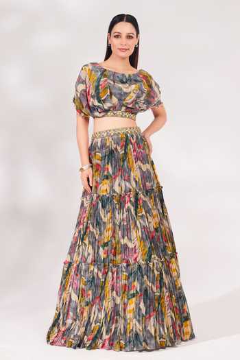 Buy_Chaashni By Maansi And Ketan_Grey Crepe Sequins, Beads, Cut Work Round Neck Printed Top And Ruched Skirt Set _Online_at_Aza_Fashions