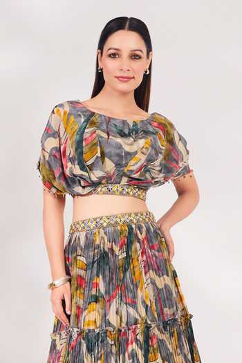 Shop_Chaashni By Maansi And Ketan_Grey Crepe Sequins, Beads, Cut Work Round Neck Printed Top And Ruched Skirt Set _Online_at_Aza_Fashions
