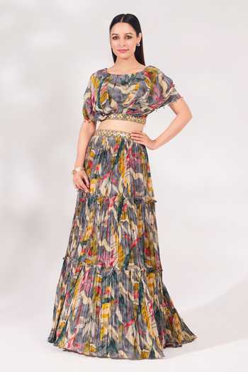 Chaashni By Maansi And Ketan_Grey Crepe Sequins, Beads, Cut Work Round Neck Printed Top And Ruched Skirt Set _at_Aza_Fashions