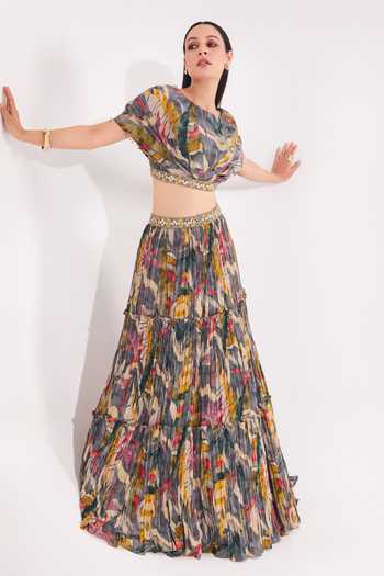 Buy_Chaashni By Maansi And Ketan_Grey Crepe Sequins, Beads, Cut Work Round Neck Printed Top And Ruched Skirt Set 
