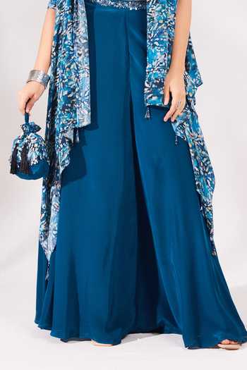 Buy_Chaashni By Maansi And Ketan_Blue Crepe Cut Work, Sequins, Beads, Abstract Floral Print Shrug Palazzo Set _Online_at_Aza_Fashions