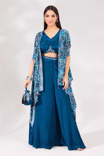 Shop_Chaashni By Maansi And Ketan_Blue Crepe Cut Work, Sequins, Beads, Abstract Floral Print Shrug Palazzo Set _Online_at_Aza_Fashions