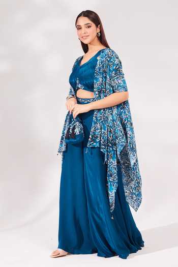 Chaashni By Maansi And Ketan_Blue Crepe Cut Work, Sequins, Beads, Abstract Floral Print Shrug Palazzo Set _at_Aza_Fashions