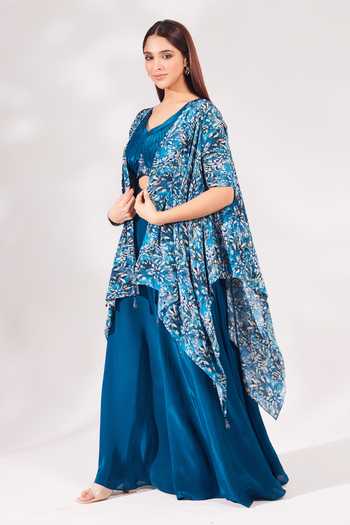 Buy_Chaashni By Maansi And Ketan_Blue Crepe Cut Work, Sequins, Beads, Abstract Floral Print Shrug Palazzo Set 