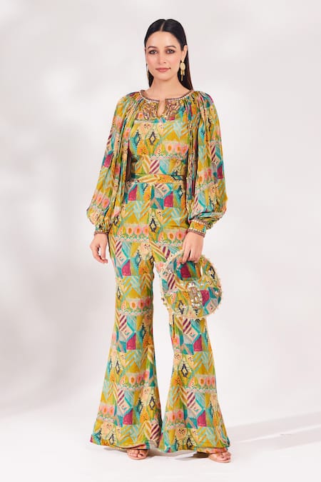 Chaashni by Maansi and Ketan Yellow Crepe Printed Geometric Notched Top And Bell Bottom Pant Set