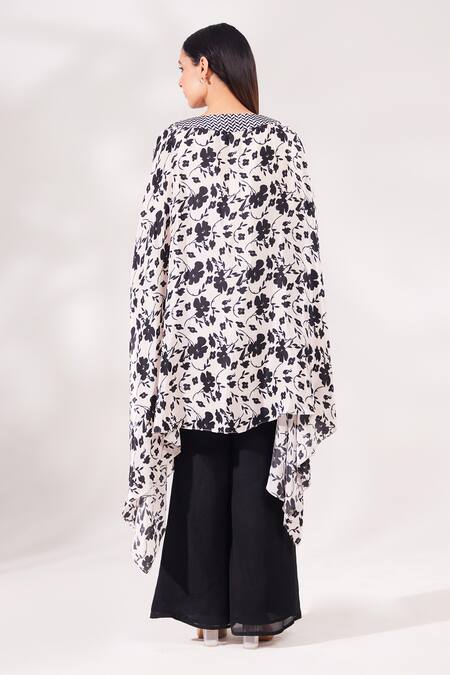 Shop_Chaashni By Maansi And Ketan_Black Crepe, Chiffon Cut Work, Sequins, Floral Vine Print Kaftan And Palazzo Set_at_Aza_Fashions