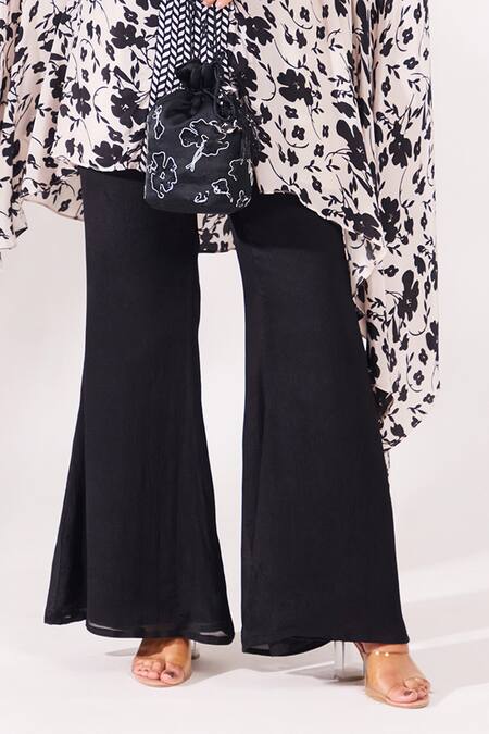 Chaashni By Maansi And Ketan_Black Crepe, Chiffon Cut Work, Sequins, Floral Vine Print Kaftan And Palazzo Set_Online_at_Aza_Fashions