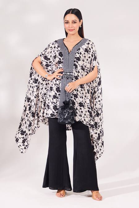 Buy_Chaashni By Maansi And Ketan_Black Crepe, Chiffon Cut Work, Sequins, Floral Vine Print Kaftan And Palazzo Set_Online_at_Aza_Fashions