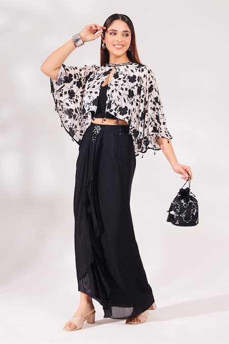 Chaashni by Maansi and Ketan Floral Vine Print Cape Draped Skirt Set 