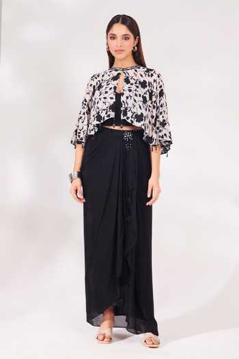 Buy_Chaashni By Maansi And Ketan_Black Crepe, Chiffon Beads, Sequins, Cut Floral Vine Print Cape Draped Skirt Set _Online_at_Aza_Fashions