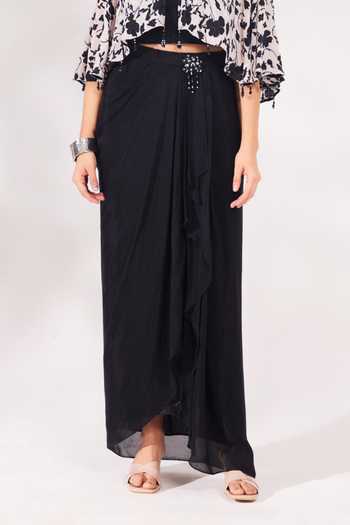Shop_Chaashni By Maansi And Ketan_Black Crepe, Chiffon Beads, Sequins, Cut Floral Vine Print Cape Draped Skirt Set _Online_at_Aza_Fashions
