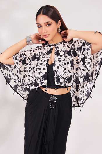 Chaashni By Maansi And Ketan_Black Crepe, Chiffon Beads, Sequins, Cut Floral Vine Print Cape Draped Skirt Set _at_Aza_Fashions
