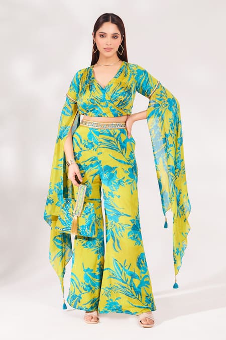 Chaashni by Maansi and Ketan Green Chinon Chiffon Printed Abstract Floral V Ruched Top And Bell Bottom Pant Set