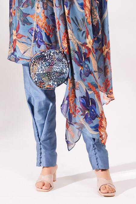 Chaashni By Maansi And Ketan_Blue Tussar, Chiffon Embroidery, Cut Work, Blossom Print Kaftan Pant Set_Online_at_Aza_Fashions