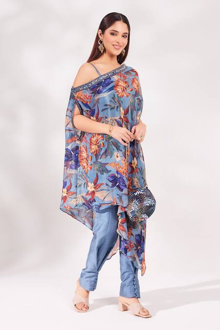 Buy_Chaashni By Maansi And Ketan_Blue Tussar, Chiffon Embroidery, Cut Work, Blossom Print Kaftan Pant Set_Online_at_Aza_Fashions