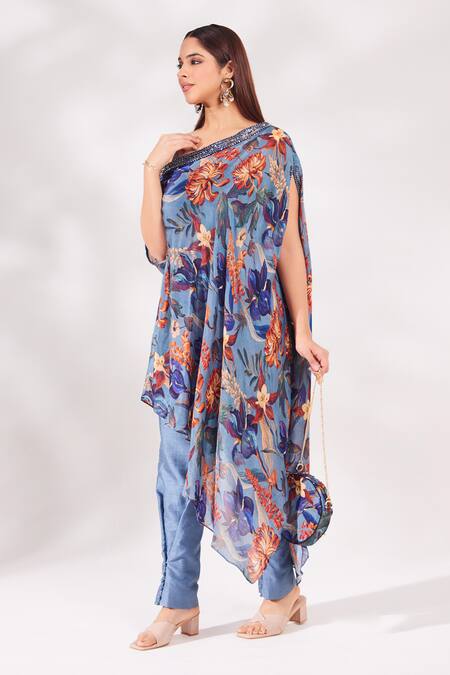 Shop_Chaashni By Maansi And Ketan_Blue Tussar, Chiffon Embroidery, Cut Work, Blossom Print Kaftan Pant Set_Online_at_Aza_Fashions