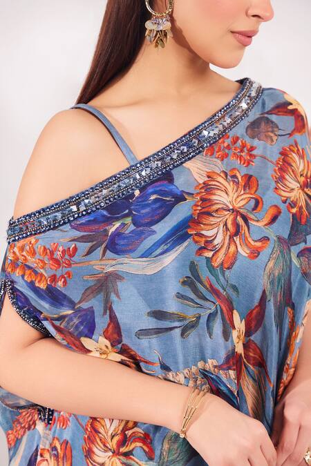 Chaashni By Maansi And Ketan_Blue Tussar, Chiffon Embroidery, Cut Work, Blossom Print Kaftan Pant Set_at_Aza_Fashions