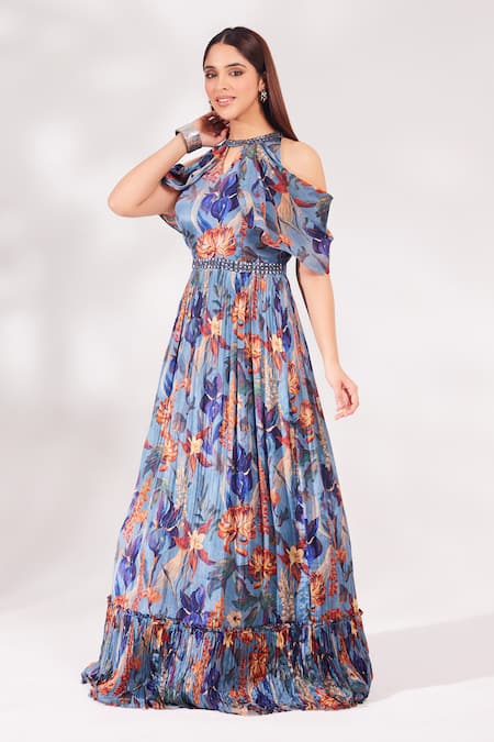 Chaashni by Maansi and Ketan Blue Chinon Chiffon Printed Floral Round Neck Neckline Embroidered Dress