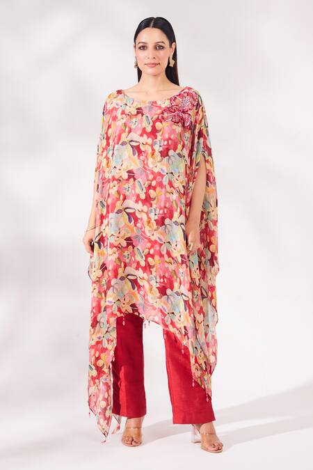 Buy Chaashni By Maansi And Ketan Red Chiffon, Silk Embroidery Boat Neck Floral Print Kaftan And Pant Set Online at Aza Fashions Buy_Chaashni By Maansi And Ketan_Red Chiffon, Silk Embroidery Boat Neck Floral Print Kaftan And Pant Set_Online_at_Aza_Fashions