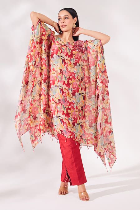 Shop Chaashni By Maansi And Ketan Red Chiffon, Silk Embroidery Boat Neck Floral Print Kaftan And Pant Set Online at Aza Fashions Shop_Chaashni By Maansi And Ketan_Red Chiffon, Silk Embroidery Boat Neck Floral Print Kaftan And Pant Set_Online_at_Aza_Fashions