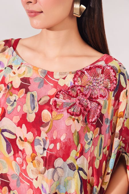 Chaashni By Maansi And Ketan Red Chiffon, Silk Embroidery Boat Neck Floral Print Kaftan And Pant Set at Aza Fashions Chaashni By Maansi And Ketan_Red Chiffon, Silk Embroidery Boat Neck Floral Print Kaftan And Pant Set_at_Aza_Fashions