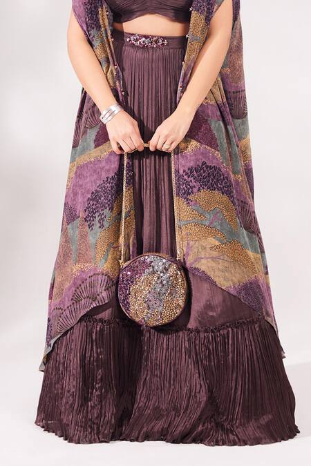 Chaashni By Maansi And Ketan_Purple Chiffon, Crepe Cut Work, Sequins, Beads Printed Shrug Pleated Skirt Set_Online_at_Aza_Fashions