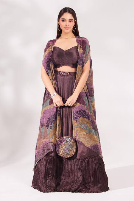 Buy_Chaashni By Maansi And Ketan_Purple Chiffon, Crepe Cut Work, Sequins, Beads Printed Shrug Pleated Skirt Set_Online_at_Aza_Fashions