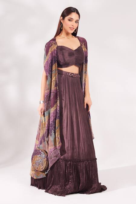 Shop_Chaashni By Maansi And Ketan_Purple Chiffon, Crepe Cut Work, Sequins, Beads Printed Shrug Pleated Skirt Set_Online_at_Aza_Fashions